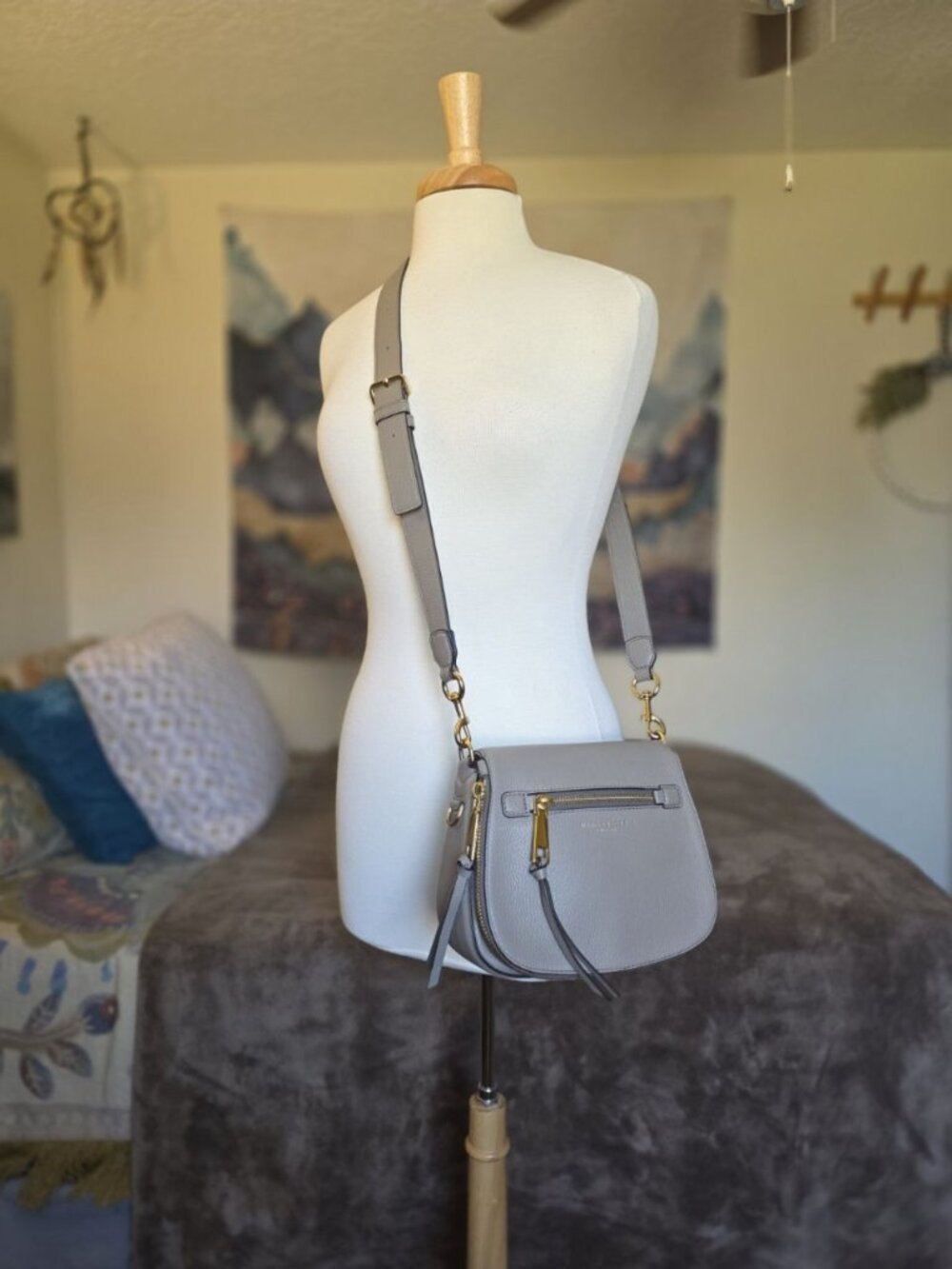 Marc Jacobs Nomad Crossbody Bag Pebbled Leather Saddle Shoulder Handbag Gray - Picture 5 of 16